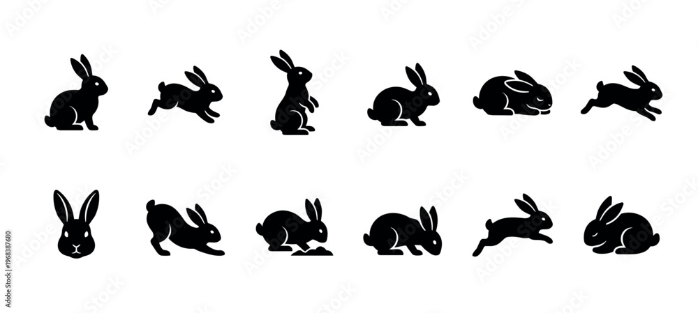 Fototapeta premium Collection of black rabbit silhouettes in various dynamic poses, including sitting, running, jumping, and standing, presented as a minimalist graphic icon set of animal figures