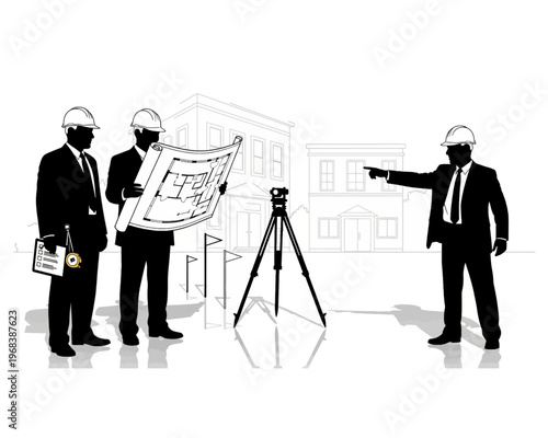 Three professional engineers on a construction site, reviewing blueprints and surveying plans for a new project.