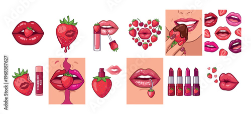 Vibrant set of pop art sticker illustrations showing sensual lips, sweet strawberries, lipstick, and lip gloss in a playful, romantic, and fashionable cartoon design collection