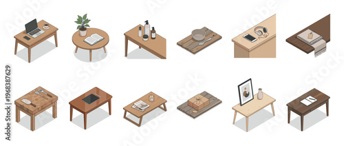 Collection of isometric household furniture illustrations showing various wooden tables with everyday objects like laptops, books, plants, and kitchenware in a cozy, minimalist style