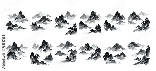 Collection of traditional Asian ink wash paintings depicting serene mountain landscapes with pine trees, created with expressive black and grey brushstrokes in a minimalist sumi-e style