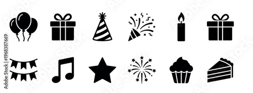 Black birthday party celebration vector icon set with festive symbols like cake, gift box, balloons, and party hat for holiday event design in a minimalist glyph style