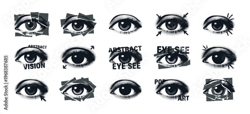 Set of abstract human eye illustrations in a modern grunge style with halftone dot patterns, geometric shapes, and typography elements representing concepts of vision and perception