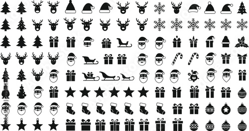 Black Christmas icons set featuring reindeer, Santa Claus, snowflakes, ornaments, gift boxes, and winter holiday elements for festive graphic design projects.