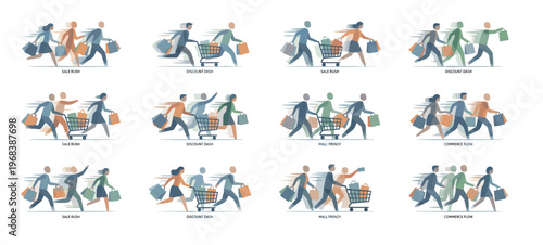 Collection of twelve vector illustrations showing people running with shopping bags and carts during a sale, depicting consumerism and discount frenzy in a flat, modern style