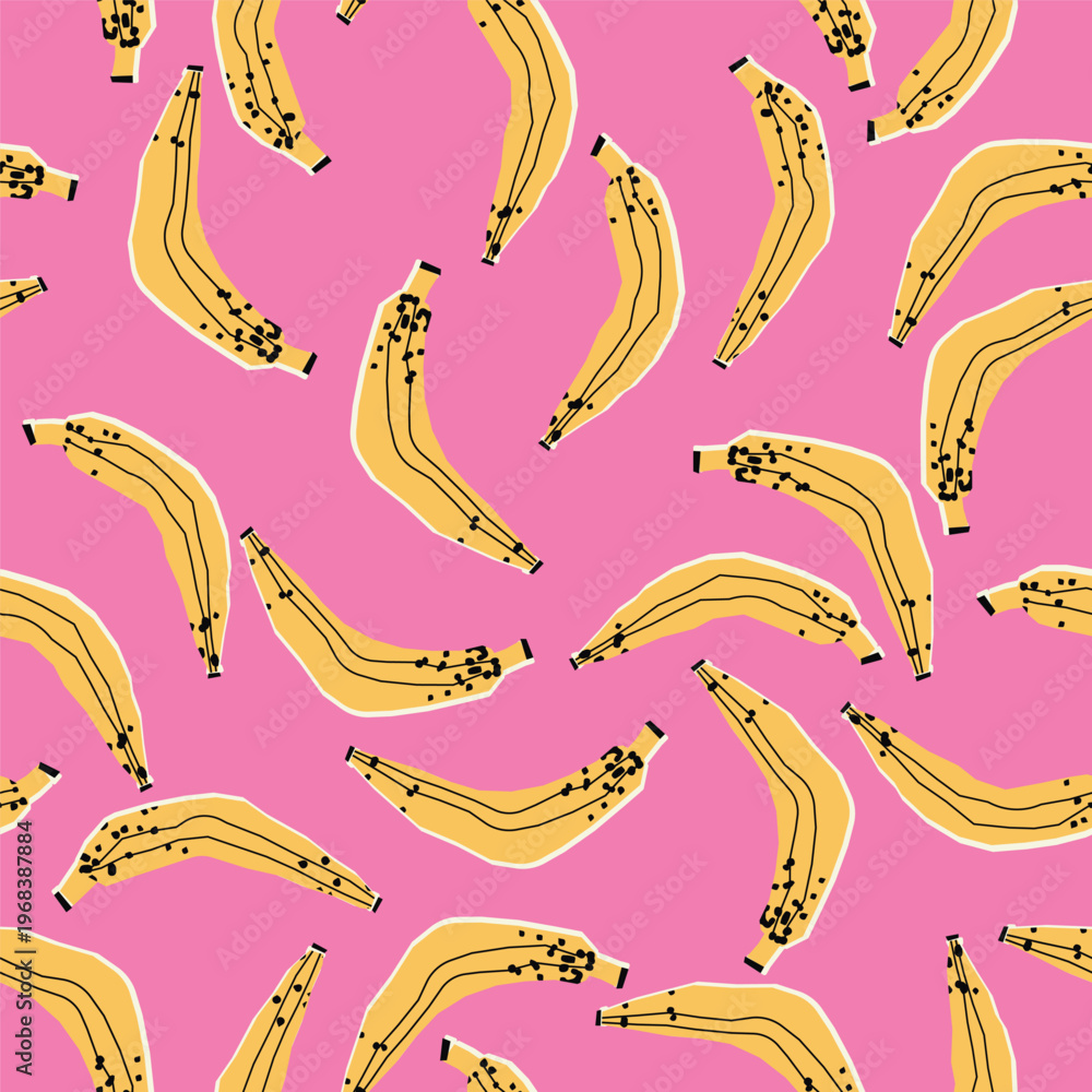 Fototapeta premium A seamless vector pattern of hand-drawn bananas in mustard yellow with black speckles on vibrant pink background