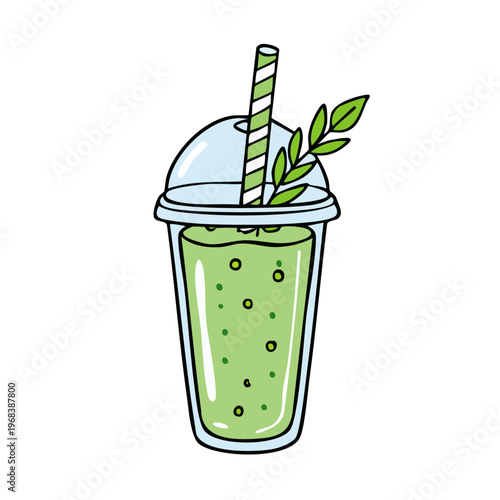 Refreshing green smoothie in a clear plastic cup with a striped straw and fresh leaves garnish
