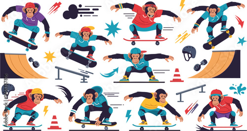 Skateboarder Cartoon Character Set with Extreme Sports Tricks, Urban Street Style, Skate Park Elements, and Dynamic Action Poses Vector Illustration Collection.