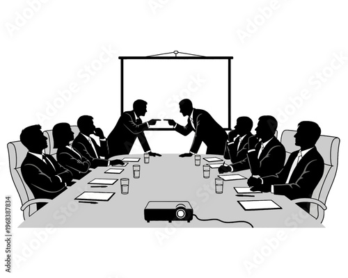 Two business professionals engage in a heated argument during a corporate meeting, observed by colleagues.