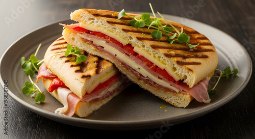 Grilled panini sandwich with ham cheese and red peppers served on a plate with fresh greens perfect for cafe menus and food blogs