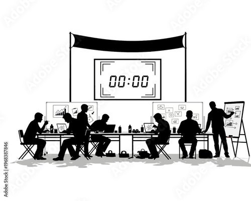 Silhouetted business professionals actively collaborate and strategize, participating in a focused, timed team challenge.