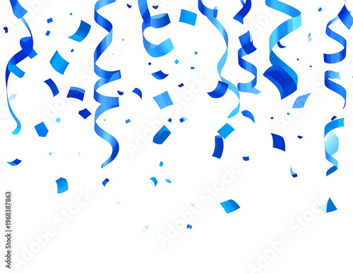Bright blue confetti and ribbons fall from above