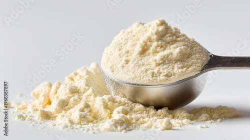 Milk powder in metal scoop isolated on white background. Dairy product and food ingredient concept.