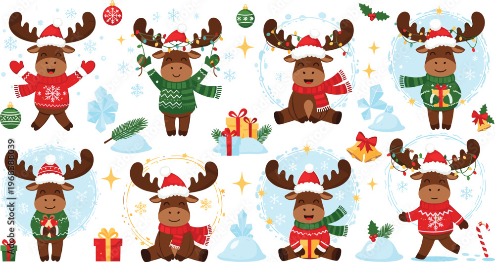 Naklejka premium Cute Christmas Moose Cartoon Set with Winter Holiday Elements, Santa Hats, Gifts, Snowflakes, and Festive New Year Celebration Vector Illustration Collection.