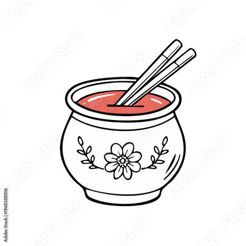 Hand drawn illustration of a decorative bowl with chopsticks and dipping sauce