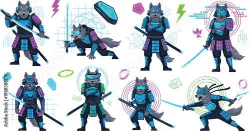 Cyberpunk Wolf Samurai Character Set with Futuristic Armor, Neon Colors, Katana Weapons, Sci Fi Warrior Poses, and Gaming Style Vector Illustration Collection.