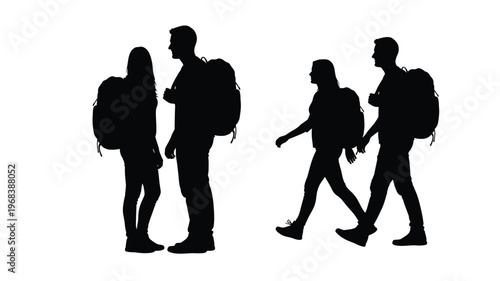Four hikers with backpacks walking captured in striking silhouette