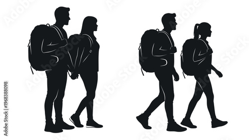Four people hiking with backpacks shown in black silhouette