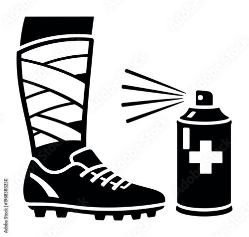 Athlete leg wearing a cleat and bandage, experiencing an injury receiving immediate medical attention with a sport cold spray