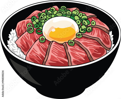 Delicious Japanese Gyudon Beef Bowl with Raw Egg Yolk.