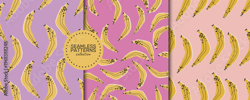 A seamless vector patterns collection of hand-drawn bananas in mustard yellow with black speckles on lilac, pink and soft peach background