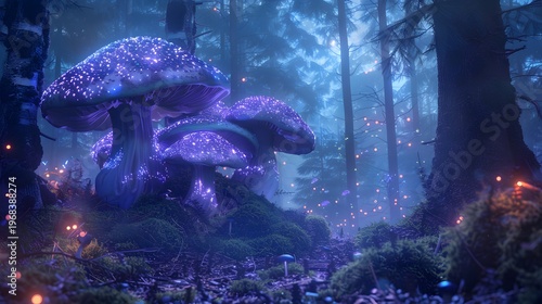 Mystical Night with Glowing Giant Mushroom
