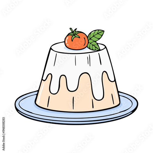 Hand drawn illustration of a savory panna cotta dessert with tomato and basil topping on a plate