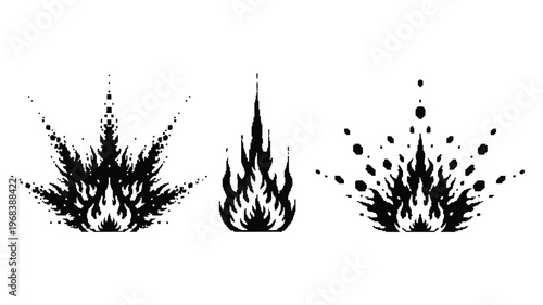 Three abstract flame designs presented in a stark black silhouette