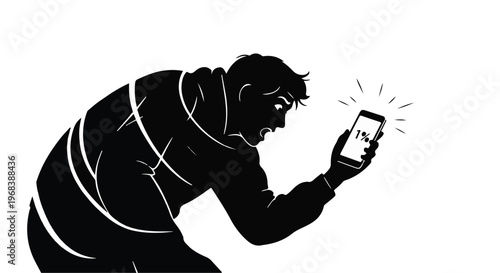 man tied up with rope and shocked expression holding smartphone