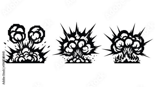 Three black explosion bursts depicted in a striking silhouette