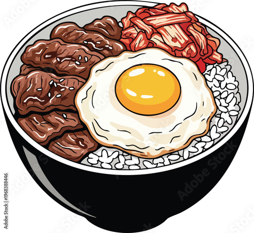 Delicious Korean Beef Bowl with Fried Egg and Kimchi.