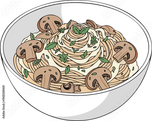 Delicious Mushroom Pasta Dish in a White Bowl.