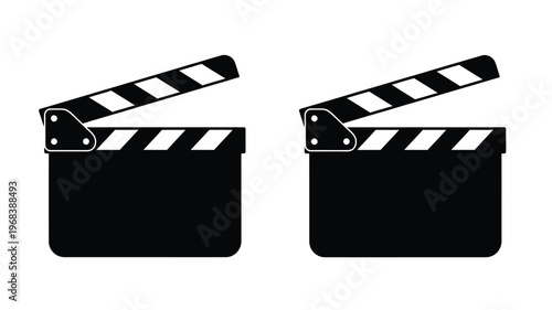 Two black film clapperboards displayed against a white background silhouette