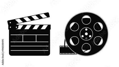 Black film clapperboard and reel iconic movie making symbols silhouette