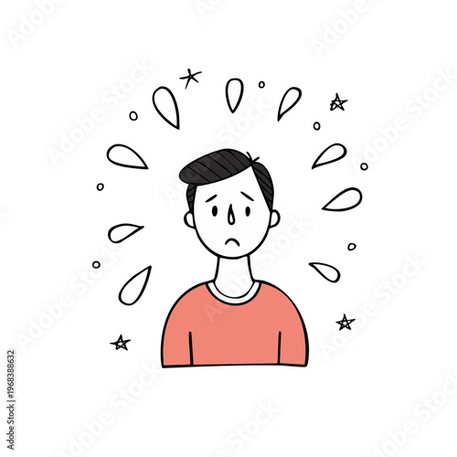 Anxious Young Man Sweating and Feeling Overwhelmed in Hand-Drawn Style