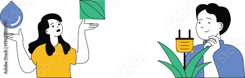Two people symbolizing water conservation and renewable energy through thoughtful gestures and icons