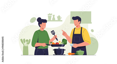 Couple cooking healthy food together in a modern kitchen.