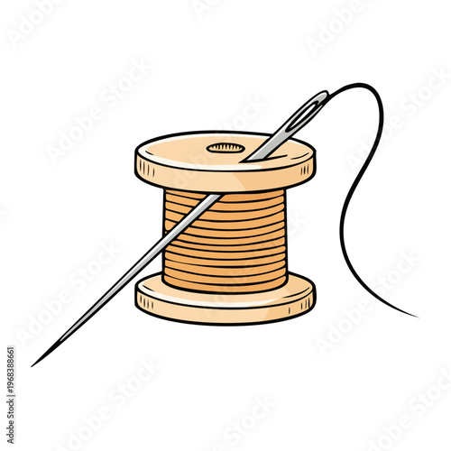 Wooden thread spool with needle and dark thread for sewing and crafting projects
