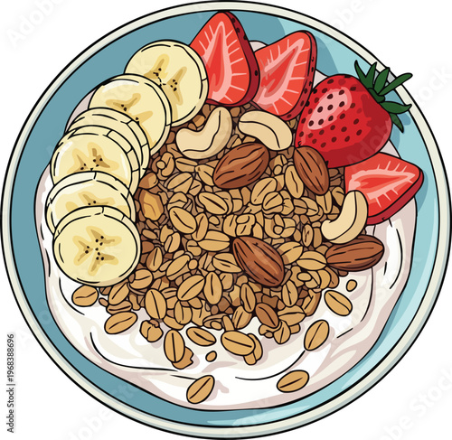 Healthy Breakfast Bowl with Granola Yogurt Fruits and Nuts.