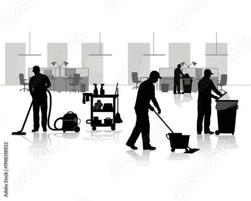 Professional cleaning staff performing various maintenance tasks to ensure a spotless and hygienic office environment.