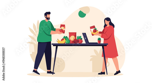 Couple organizing groceries and food items on a table.