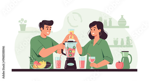 Couple making healthy smoothie together in kitchen.