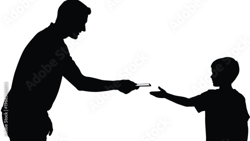 Father giving something to son a dark striking silhouette