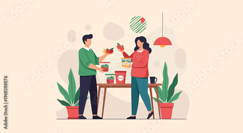 Couple preparing food together in a kitchen setting.