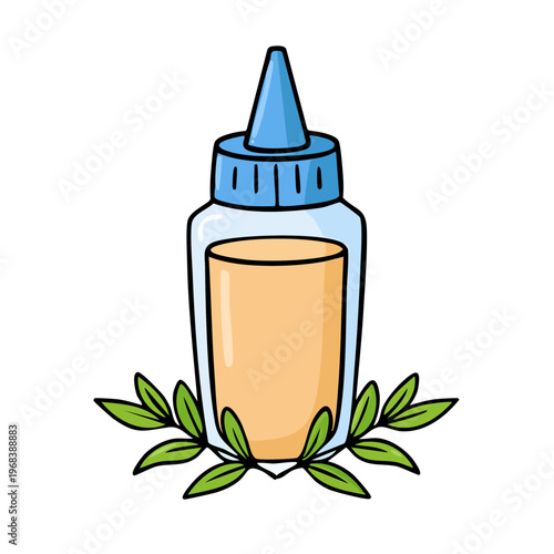 Cartoon illustration of a squeeze bottle containing liquid, adorned with green leaves