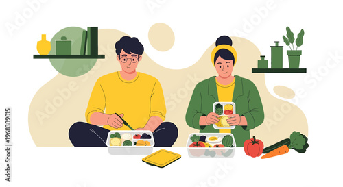 Couple preparing healthy lunch boxes with fresh fruits and vegetables.