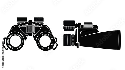 Two optical devices binoculars and telescope in black silhouette