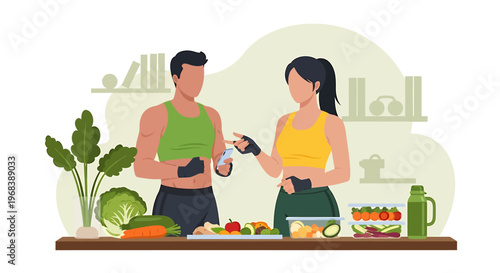 Couple preparing healthy food together in kitchen.