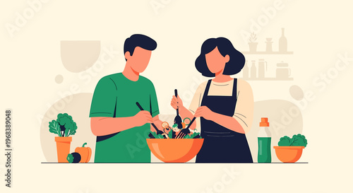 Couple preparing healthy salad together in kitchen.