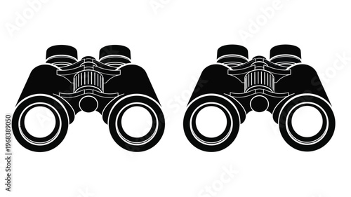 Two pairs of binoculars depicted in a stark black silhouette